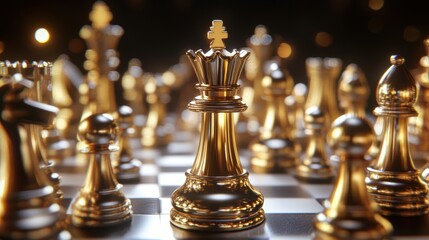 chess battle, victory, success, team leader, teamwork, business strategy, chess gold and silver king surrounded with SILVER and GOLD chess pieces on game competition,  generate by AI