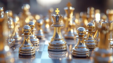 chess battle, victory, success, team leader, teamwork, business strategy, chess gold and silver king surrounded with SILVER and GOLD chess pieces on game competition,  generate by AI