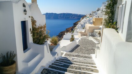 Obraz premium Charming Whitewashed Steps Leading to Aegean Sea in Santorini