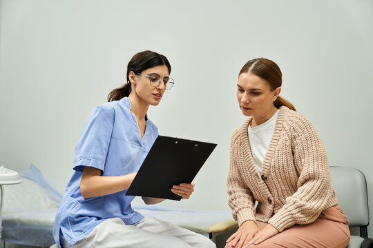 A gynecologist discusses medical findings with a female patient in a serene clinic setting.
