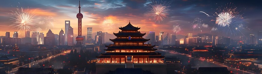 Obraz premium A stunning city skyline at dusk with colorful fireworks illuminating the sky over traditional architecture in the foreground, showcasing a blend of modernity and heritage.