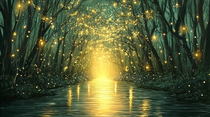 Fototapeta premium A serene forest glows with golden lights, illuminating the tranquil waterway.