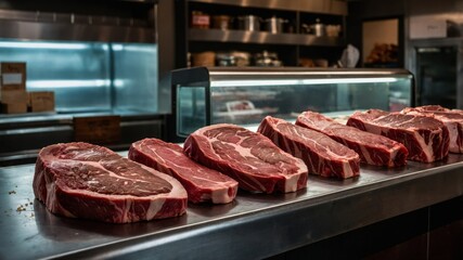 Fresh cuts of beef displayed on a stainless steel counter in a butcher shop