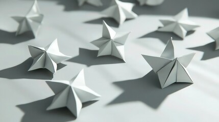 Small and large origami stars scattered across a cool gray background, with a few stars tilted to create dynamic shadows, highlighting the intricate folds and textures.