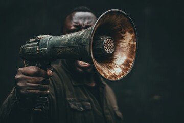 Intense Military Leader with Megaphone Against Dark Backdrop