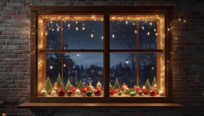 Decorated window with Christmas lights and ornaments, holiday decor, ornate frames