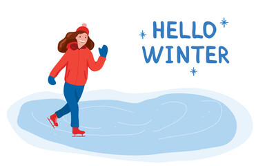 Winter vector with happy warmly dressed girl ice skating on frozen pond, Hello winter lettering