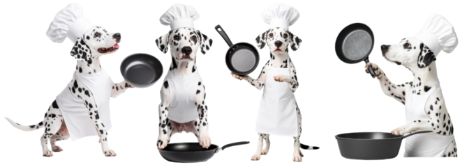 Group of Dalmatian dogs dressed as chefs, wearing white aprons and hats, holding frying pans in a playful cooking theme cut out transparent isolated PNG