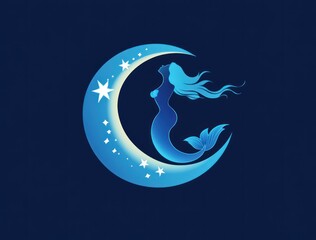 Obraz premium Serene mermaid silhouette gracefully poised on a crescent moon, adorned with stars, against a deep blue backdrop.