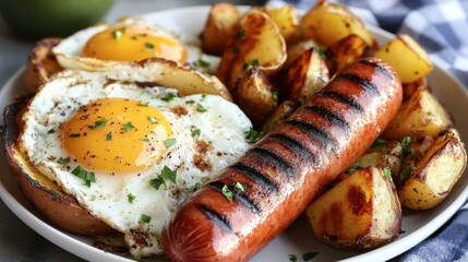 Delicious Breakfast Plate with Eggs, Sausage, and Golden Potatoes