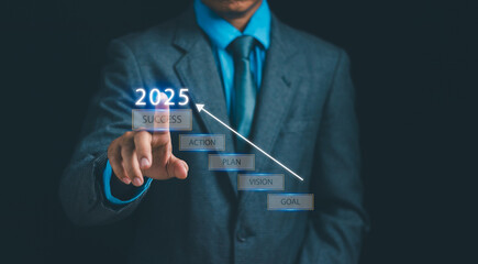 Concept of strategy and vision 2025 ,New business start for success ,Businessman show work process...