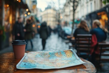 A travel map on a table with a coffee cup in a bustling street scene.
