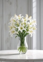 delicate lily flowers in a vase on a clean white table, bloom, gentle