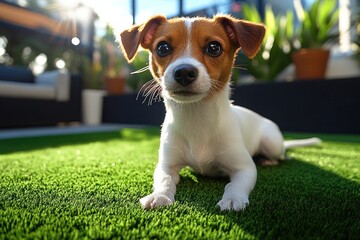 A playful puppy lies on artificial grass, soaking in the sun while observing its surroundings