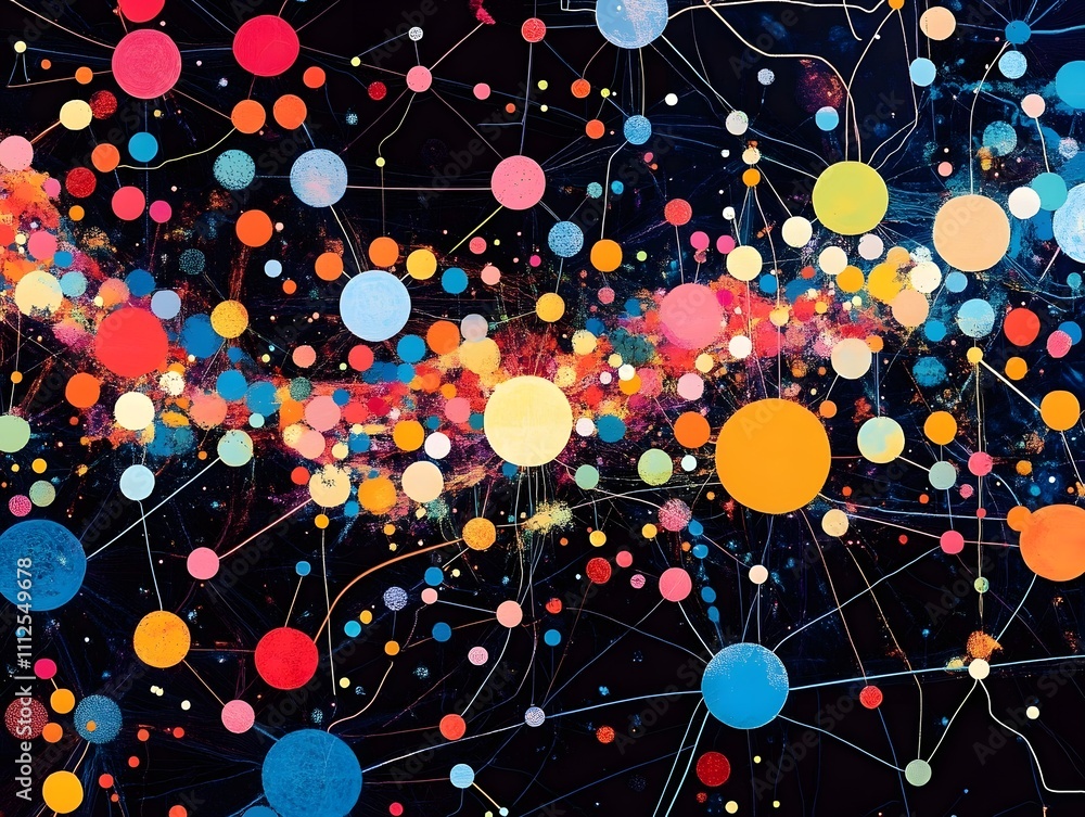 Poster a vibrant and colorful abstract representation of interconnected spheres on a black background, symb