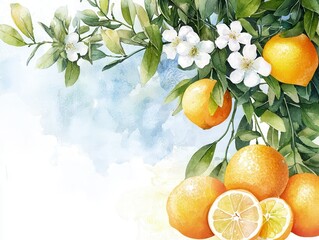 Citrus with wildflowers concept. Fresh oranges with blossoms and leaves in a vibrant watercolor style. watercolor style.