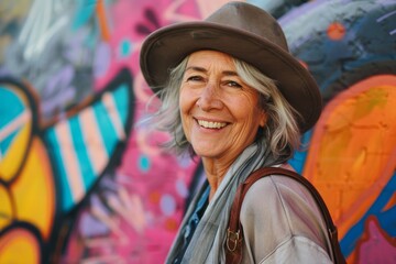 Portrait of a cheerful woman in her 50s donning a classic fedora in colorful graffiti wall