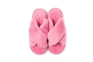 Soft slippers isolated on white background. Home slippers. Comfortable shoes for home. Foot care concept. Home comfort. Space for text. Copy space.