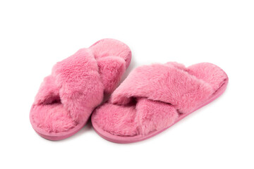 Soft slippers isolated on white background. Home slippers. Comfortable shoes for home. Foot care concept. Home comfort. Space for text. Copy space.