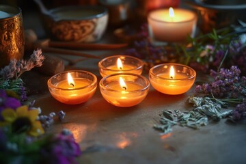 Array of soft glowing candles amidst dried florals