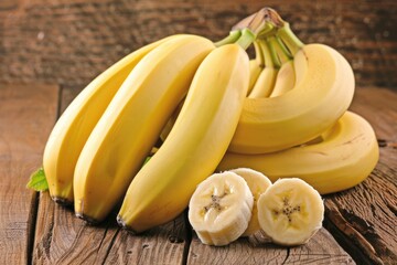 A bunch of bananas sit on top of a wooden table, perfect for still life photography or as a prop in a food-related scene