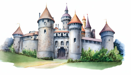 Fototapeta premium castle isolated white background, watercolor illustration, hand drawing