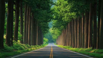 Obraz premium Serene Tree-Lined Roadway with Lush Greenery and Sunlight Filtering