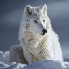 Obraz premium A snowy Arctic fox in a crouching position, Arctic fox, A Arctic Fox portrait, wildlife photography.