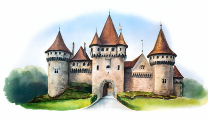 castle isolated white background, watercolor illustration, hand drawing