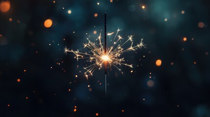 Fototapeta premium A single sparkler in focus with a mesmerizing explosion of sparkling lights, sharp trails and bursts surrounding the core on a dark background.