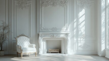 White living room with a fireplace and an armchair. French interior design in the classic style,