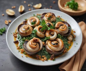 Dish of escargot snails in garlic and parsley sauce topped with crispy garlic bits, garlic, top