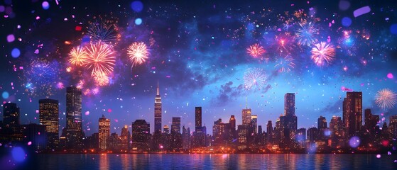 Fototapeta premium A vibrant city skyline illuminated by colorful fireworks against a night sky, creating a festive atmosphere. This stunning view captures the essence of celebration and urban life.