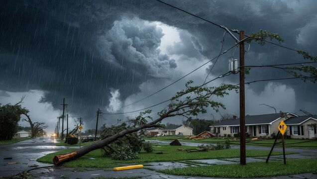 Storm clouds gather over a neighborhood as heavy rain and wind damage occur