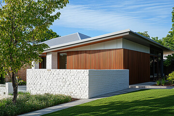 Fototapeta premium A small two-story building with white stone walls and wooden slats on the sides, located in an Australian suburban setting. The house has green grass near its front door, surrounded by trees.
