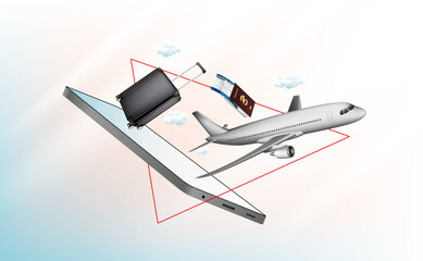 Advertising images supporting tourism, booking tickets online via mobile phones application or website. Luggage , Airplane , Passport ,Ticket. Sky background for vector illustration