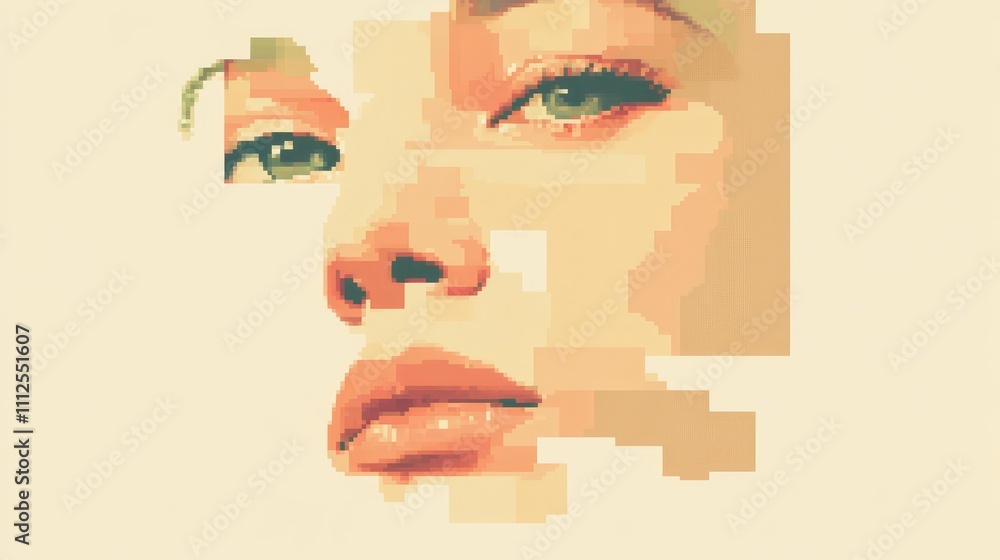 Poster a minimalist pixel portrait of a face, using soft gradients and muted pastel blocks for a clean, mod