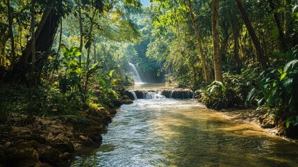 Serene Forest Landscape with Tranquil River and Gentle Waterfall