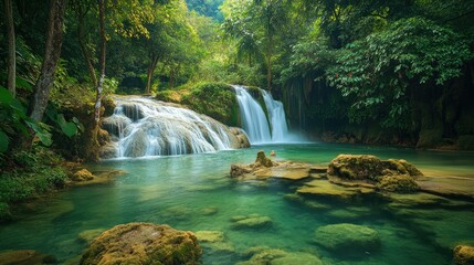 Serene Waterfall in Lush Green Forest Paradise
