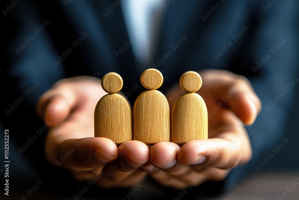 Poster wooden figures representing teamwork and collaboration held by a person, symbolizing support and uni