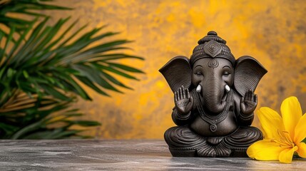 Fototapeta premium A photostock of a colorful Ganesha idol surrounded by vibrant flowers, set against a spiritual glowing background for festive themes. High Quality