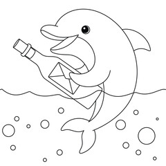 Dolphin with a Message in a Bottle Coloring Page. Funny animal illustration colouring for kids