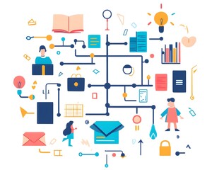 A vibrant illustration depicting digital communication concepts with various icons representing data, creativity, and collaboration in a visually engaging layout.