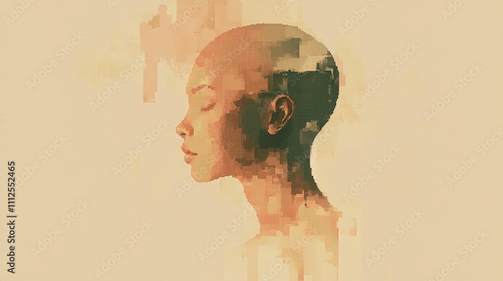 Poster a minimalist pixel portrait with soft, muted color blocks blending into each other, creating a calm,