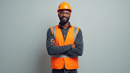 Confident construction worker in safety gear against a neutral background