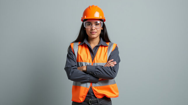 Confident construction worker in safety gear against a neutral background
