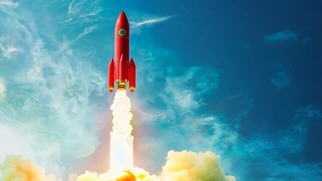 A rocket soaring into a vibrant blue sky, leaving behind a trail of green smoke symbolizing eco-friendly fuel.