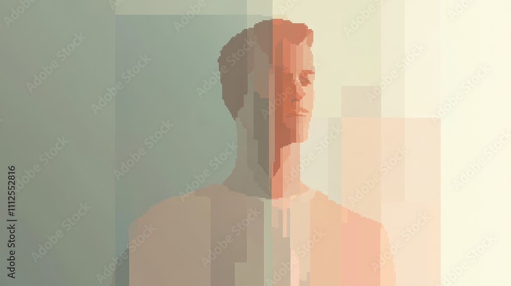 Poster a minimalist pixel portrait with soft, muted color blocks blending into each other, creating a calm,