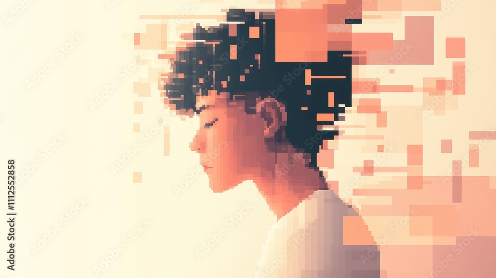 Poster a minimalist pixel portrait with soft, muted color blocks blending into each other, creating a calm,