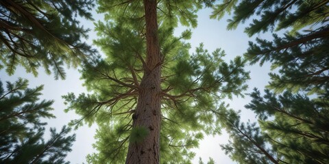 Fototapeta premium Evergreen tree with branches stretching towards the ceiling and lush green needles , frosty mornings, christmas decorations, evergreen forest